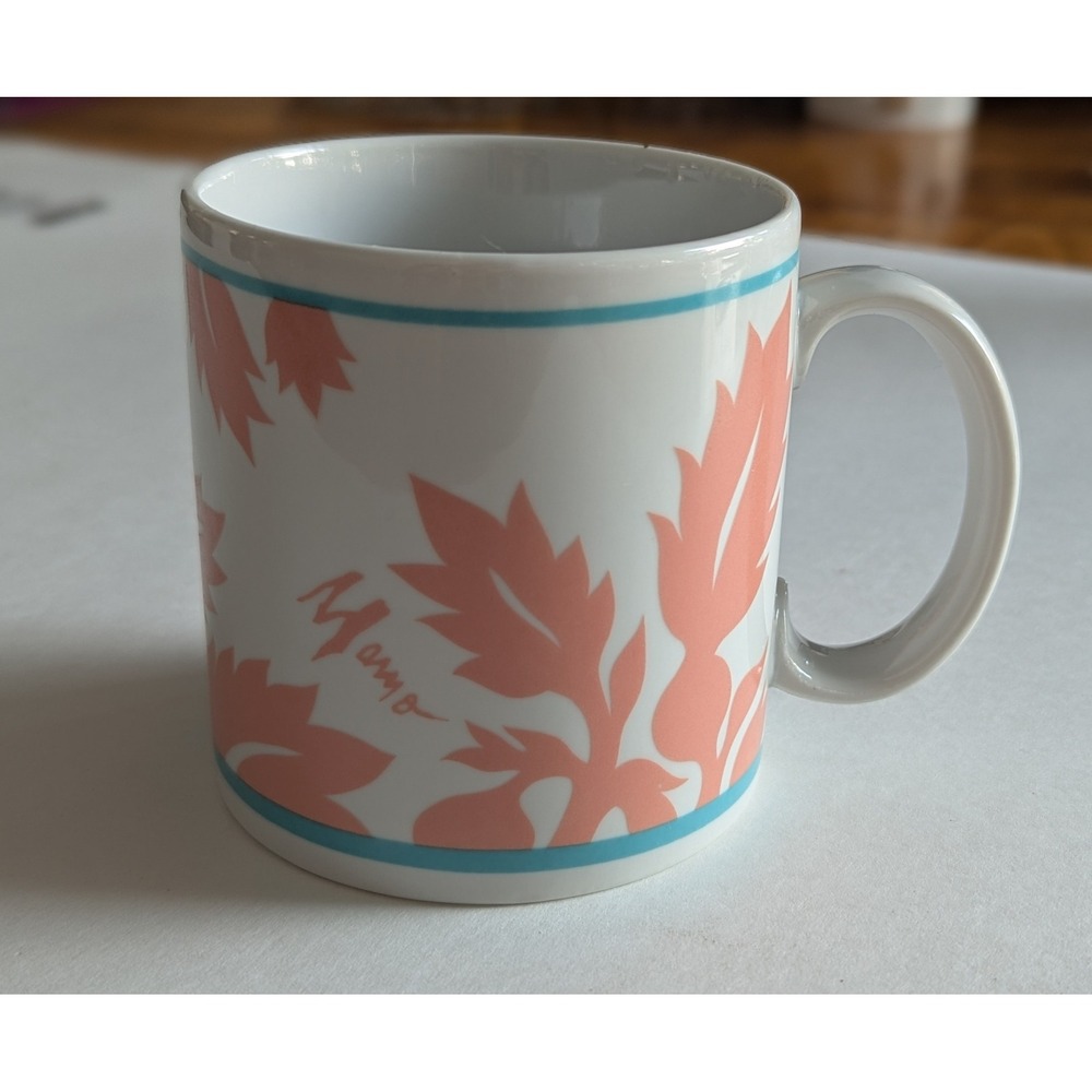 Vintage 1988 Mamo Howell Ulu Hawaiian Porcelain Coffee Mug Coral Turquoise White